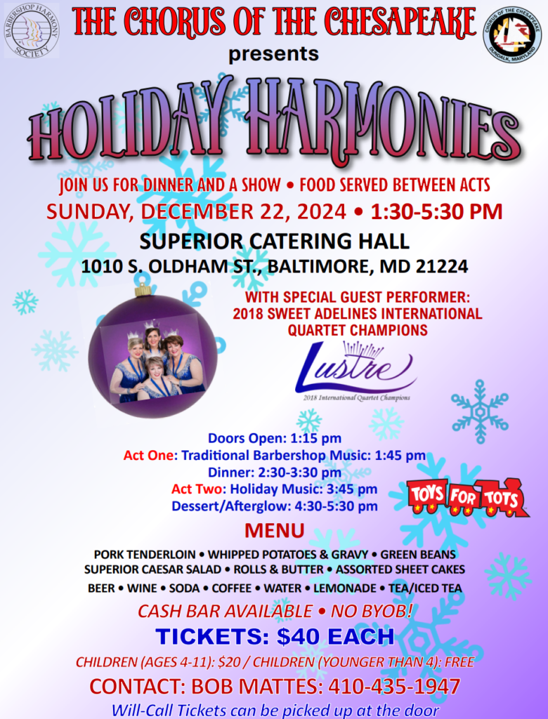 Holiday Harmonies Show Poster. December 22nd 1:30pm, $40 ticket